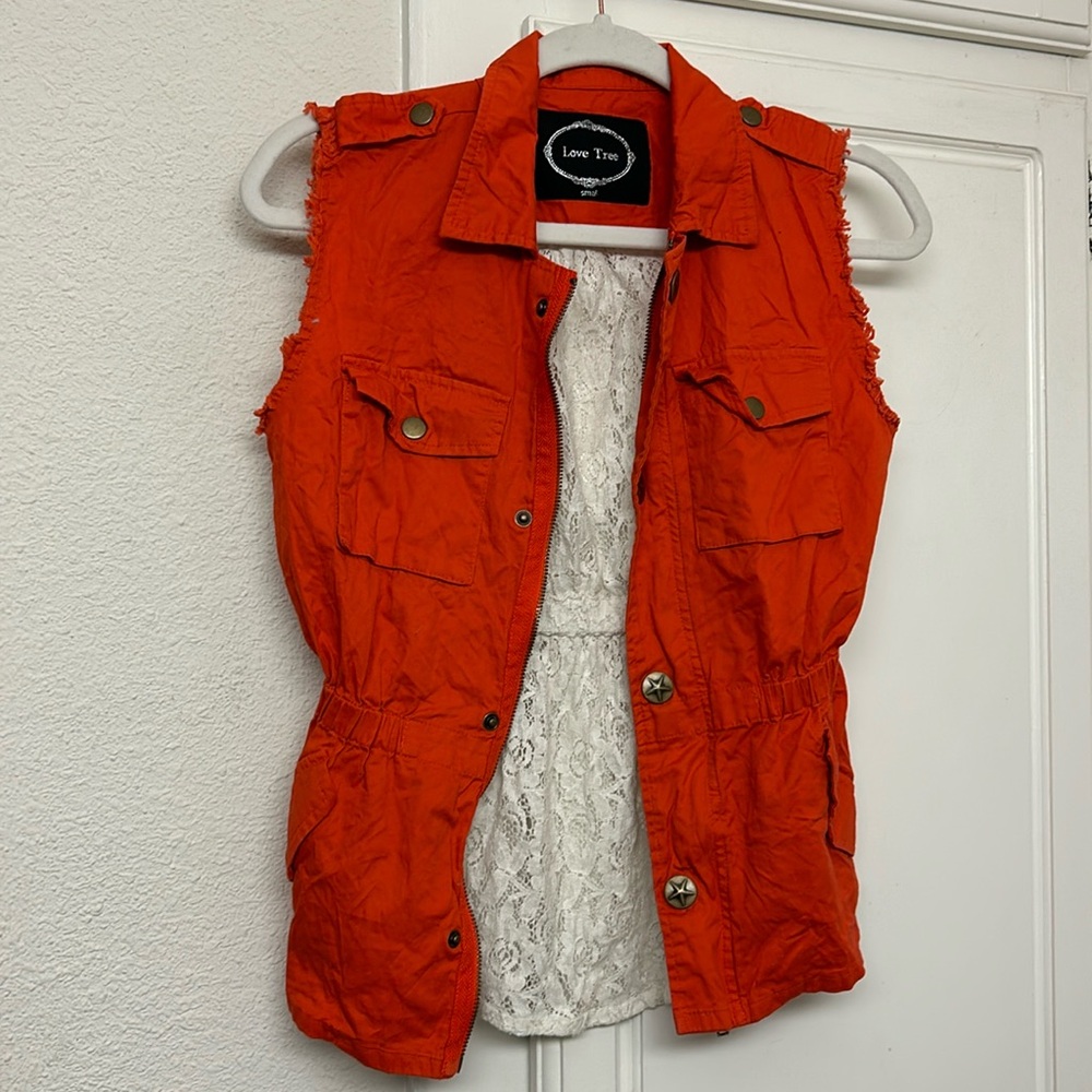 Orange Vest With Lace Backing Small Love Tree Zip Up Rough Edges
